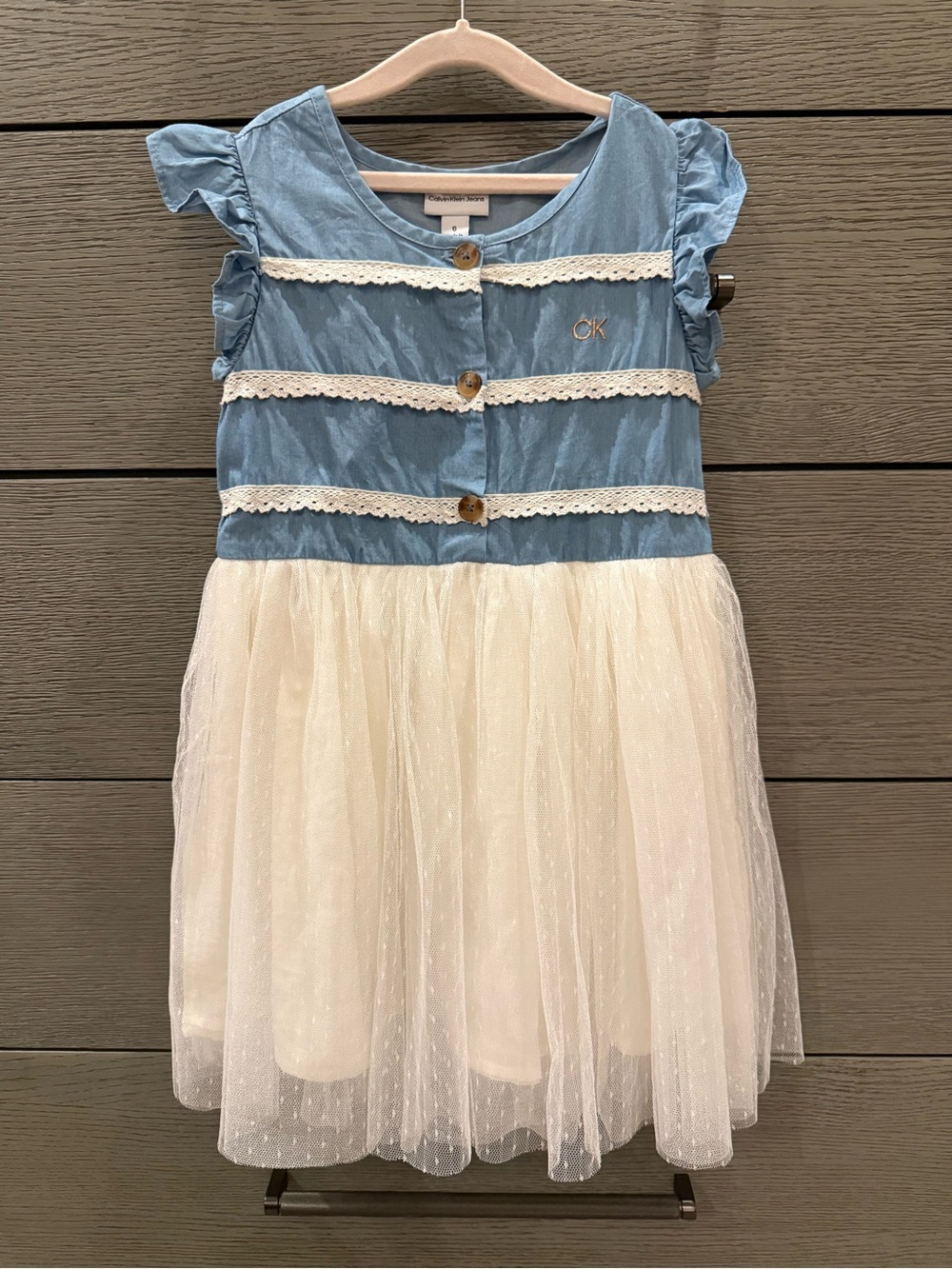Calvin Klein Jeans Blue and Cream Layered Tulle Dress for Girls